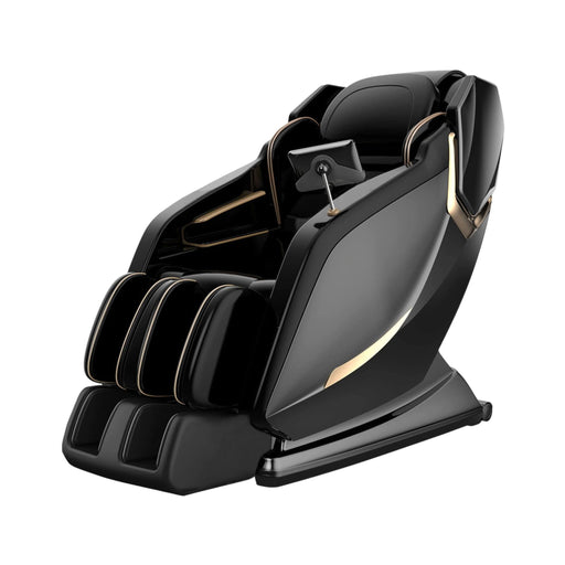 Black massage chair with gold accents on a white background