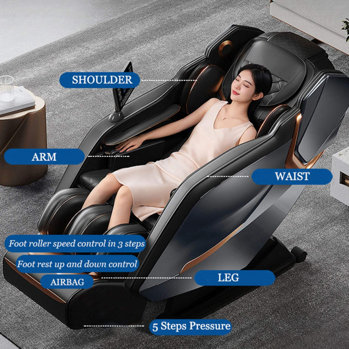 Woman using a massage chair with labeled parts on a gray floor.