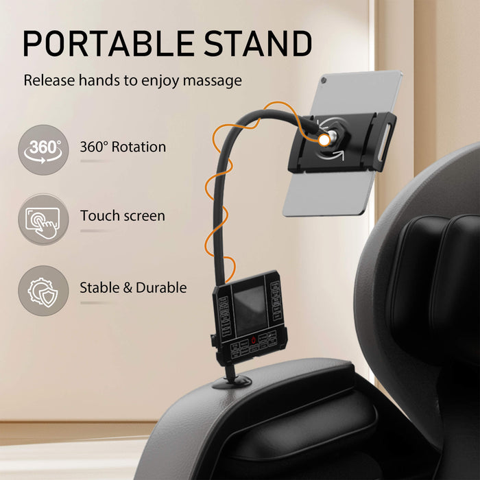 Portable massage stand with tablet holder and massage chair in the background