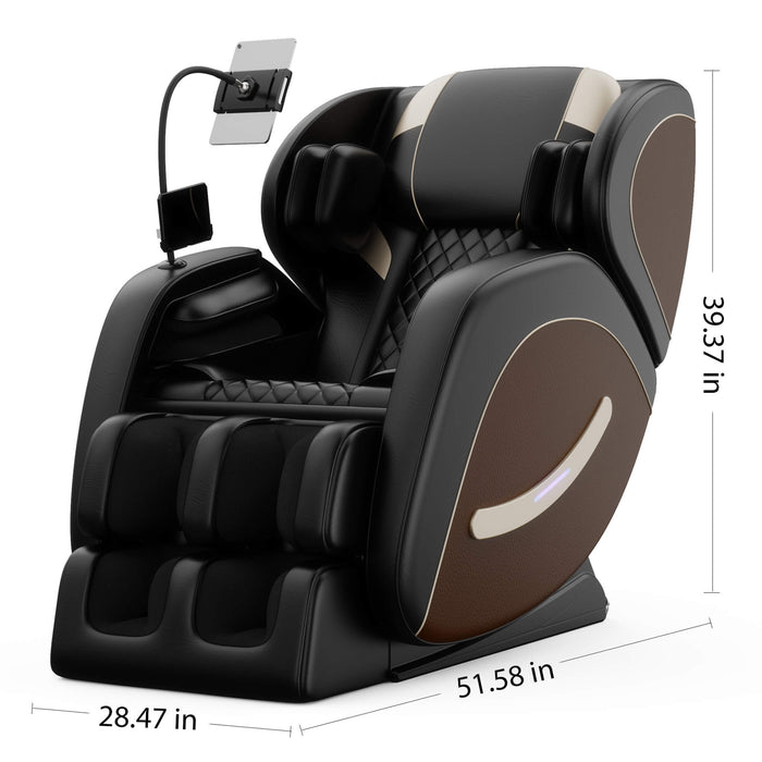 Massage chair with dimensions displayed on a white background