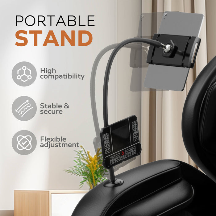 Portable stand with adjustable arm on a massage chair, featuring text on compatibility, stability, and adjustment.