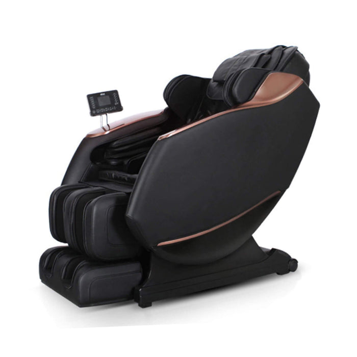 Black massage chair with brown accents on a white background