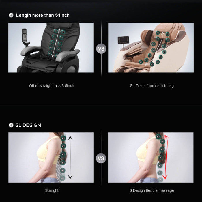 Comparison of massage chair design features with text indicating length and SL design differences.