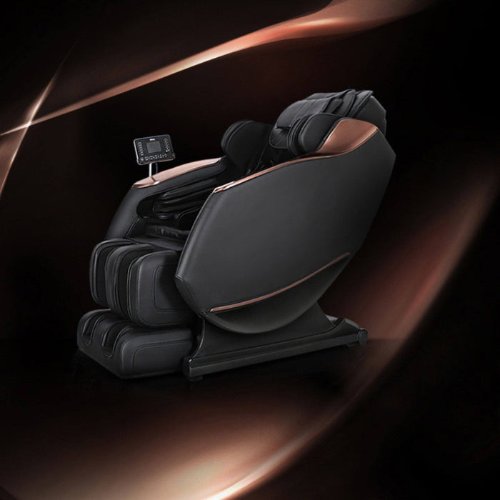 Black massage chair with brown accents on a dark background