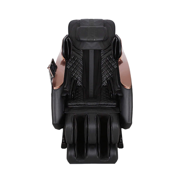 Black massage chair with brown accents on a white background