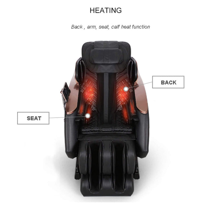 Massage chair with heating functions labeled on a white background
