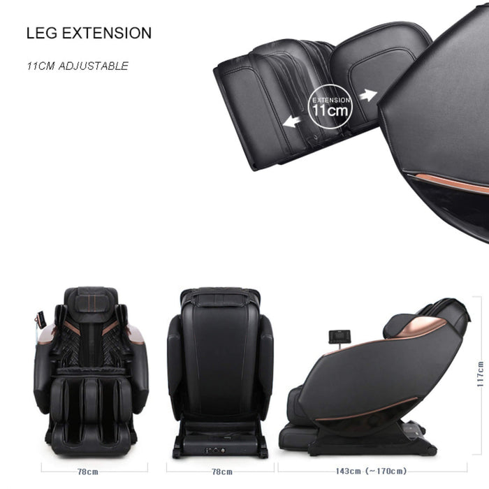 Massage chair with leg extension feature, showing adjustable leg extension and dimensions.