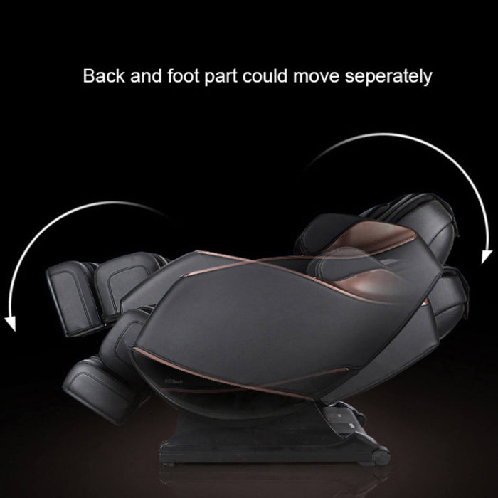 Massage chair with text indicating back and foot part movement on a dark background