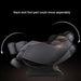 Massage chair with text indicating back and foot part movement on a dark background