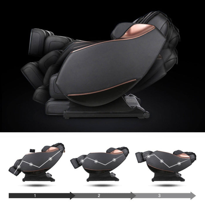 Black massage chair with rose gold accents on a black background