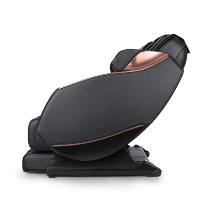 Black massage chair with rose gold accents on a white background