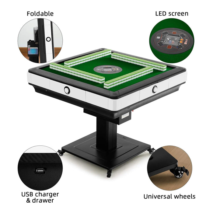 Foldable gaming table with LED screen, USB charger, and universal wheels on a white background.