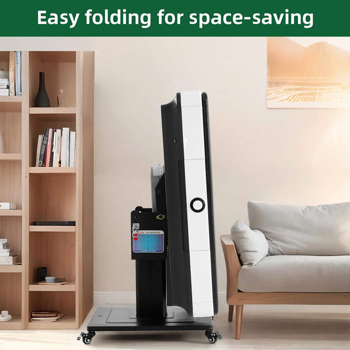 Black and white electronic device on wheels in a living room setting with text 'Easy folding for space-saving'.