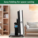 Black and white electronic device on wheels in a living room setting with text 'Easy folding for space-saving'.