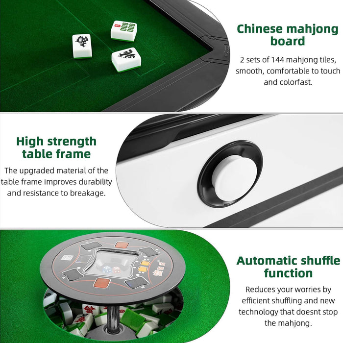 Mahjong board with dice and tiles, highlighting features like high-strength frame and automatic shuffle function.