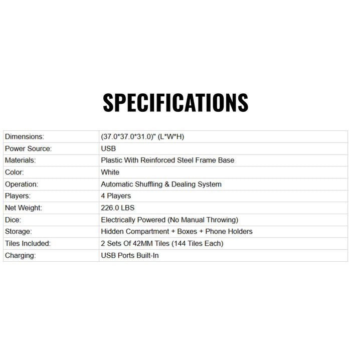 Specifications table for a product on a white background