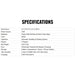 Specifications table for a product on a white background