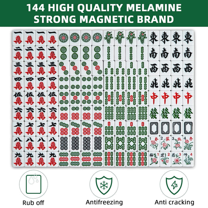 Set of high-quality melamine strong magnetic brand mahjong tiles on a white background with green text at the top.