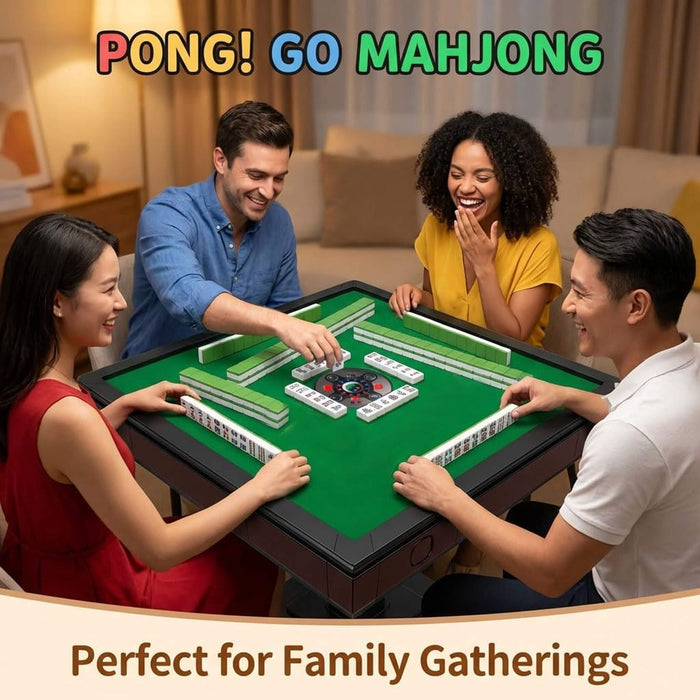 Four people playing Mahjong together with 'Pong! Go Mahjong' text above.
