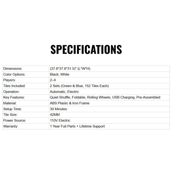 Specifications table for a product with dimensions, color options, and features listed.