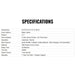 Specifications table for a product with dimensions, color options, and features listed.