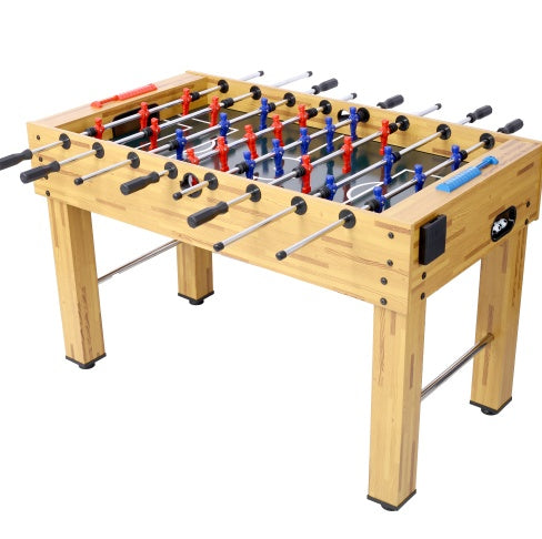 Foosball table with wooden surface and metal rods on a white background