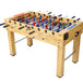 Foosball table with wooden surface and metal rods on a white background