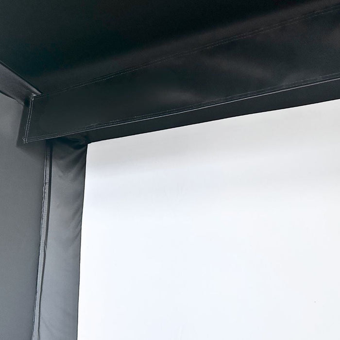 Close-up of a black and gray tent corner with a white background