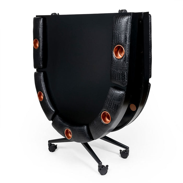 Black leather bag with bronze rivets on a white background