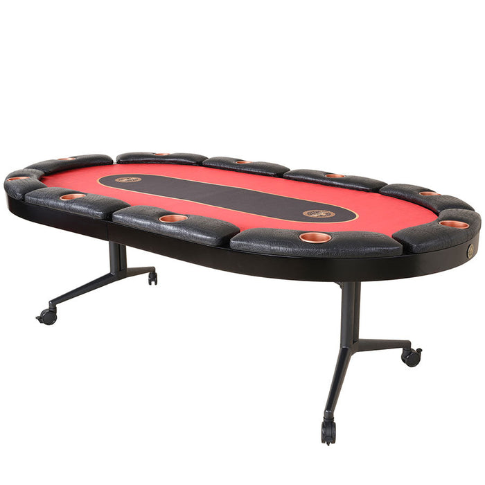 Red and black poker table with wheels on a white background