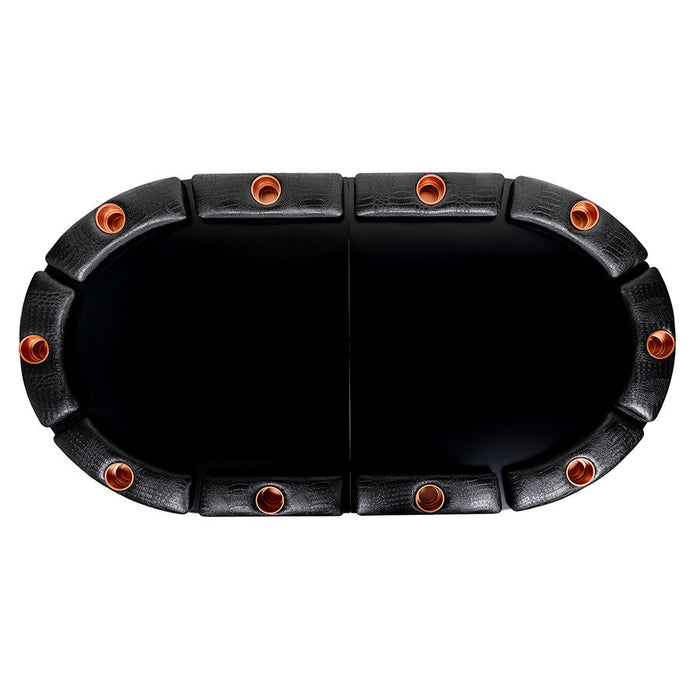 Black rectangular object with circular orange accents on a white background