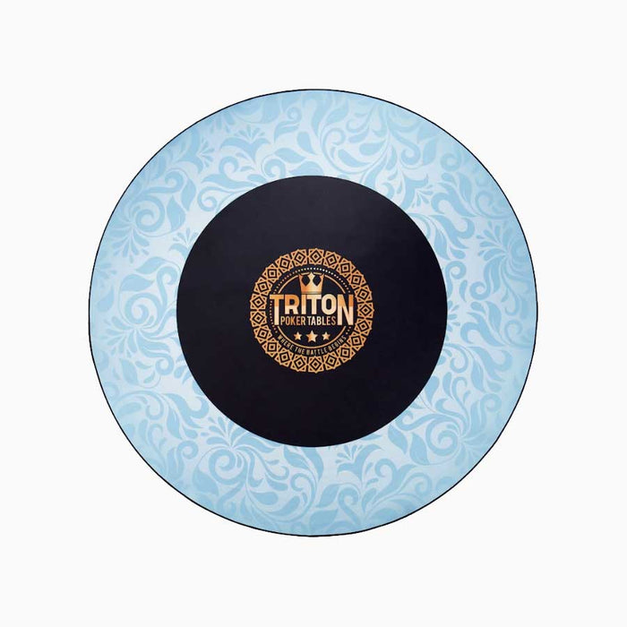 Round blue and black mat with Triton Poker Tables logo on a white background