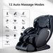 Black massage chair with 12 auto massage modes displayed on a white background