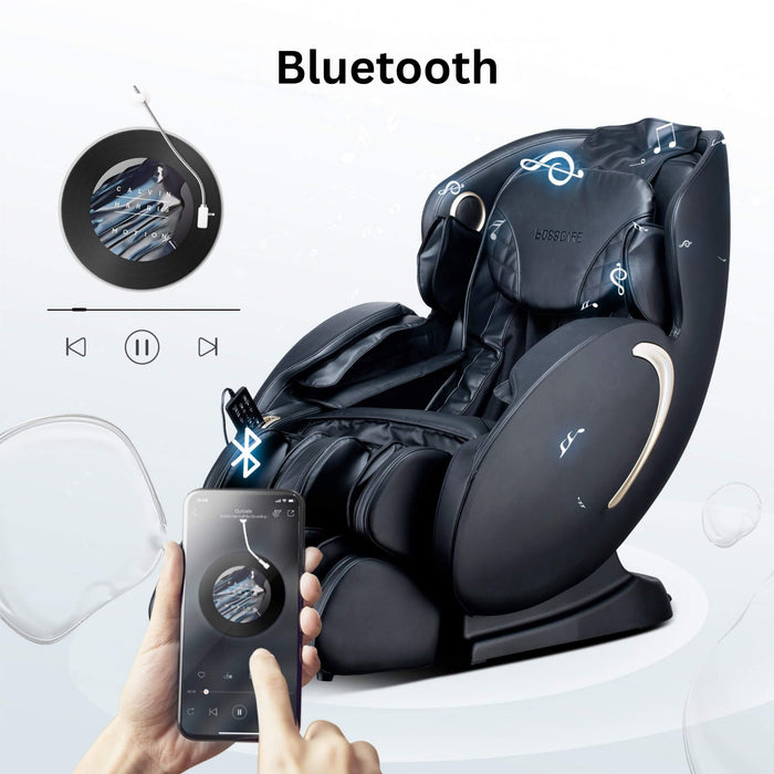 Massage chair with Bluetooth connectivity, smartphone, and music controls on a white background