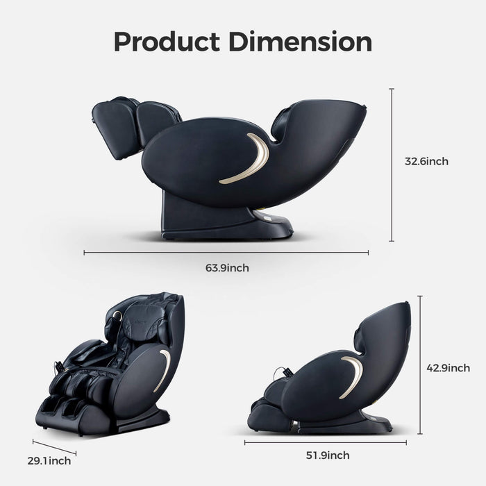 Dimensions of a black massage chair with measurements labeled