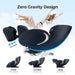 Zero gravity design massage chair with a woman relaxing on it against a light blue background.