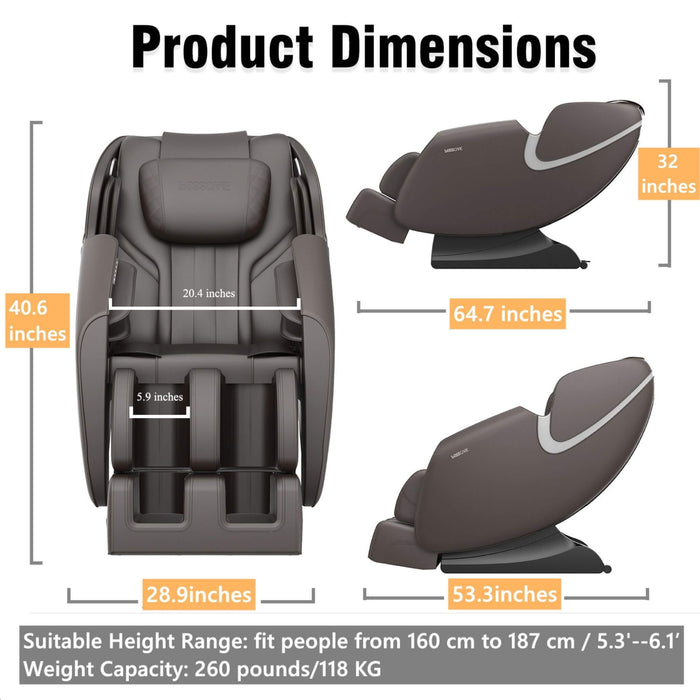 Massage chair with dimensions labeled on a white background