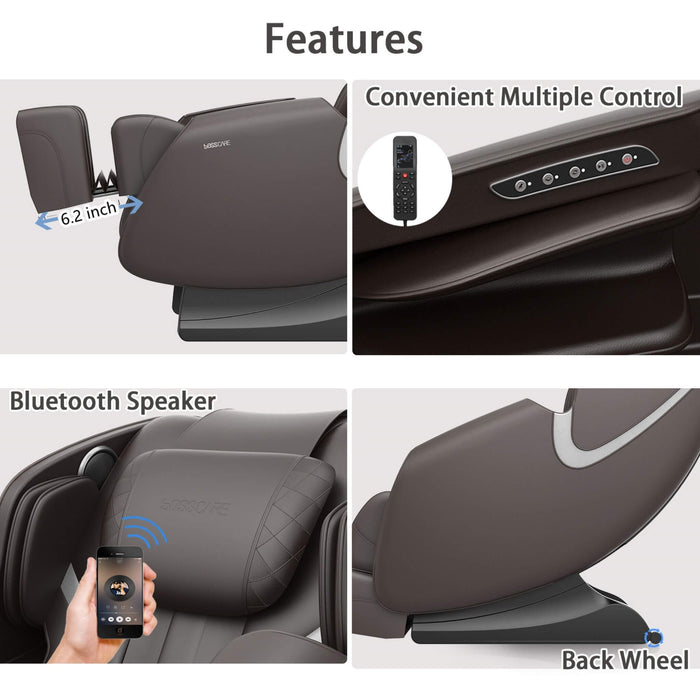 Collage of a massage chair with features including multiple control, Bluetooth speaker, and back wheel.