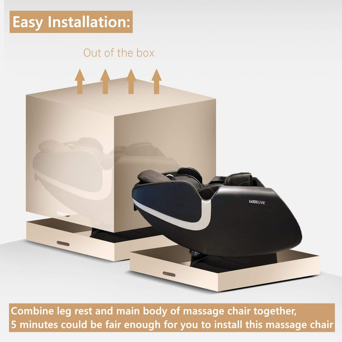 Massage chair with leg rest and main body on a white background, showing easy installation.