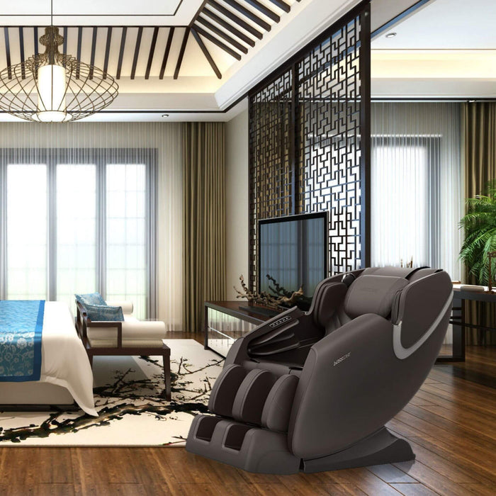 Modern massage chair in a stylish living room with a television and decor.