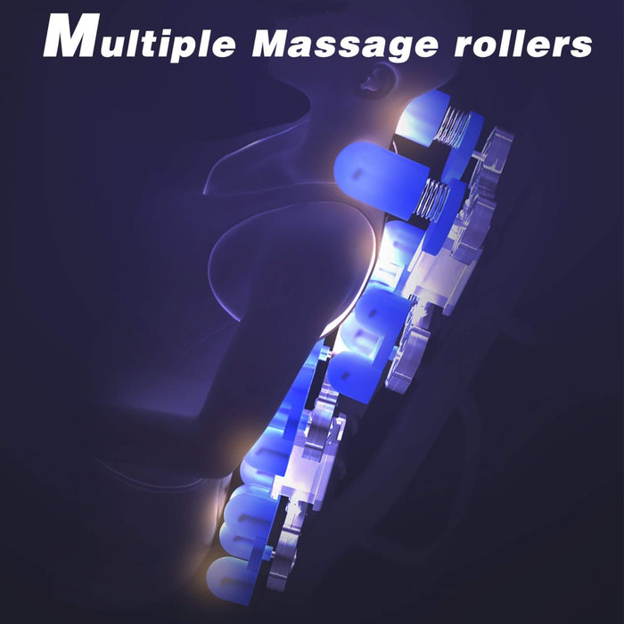 Blue massage roller device on a dark background with text 'Multiple Massage rollers'.