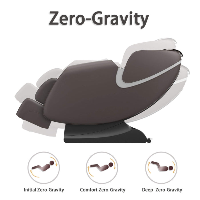 Zero-gravity massage chair with illustrations of its three modes on a white background
