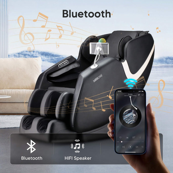 Massage chair with Bluetooth connectivity and a smartphone displaying music app.