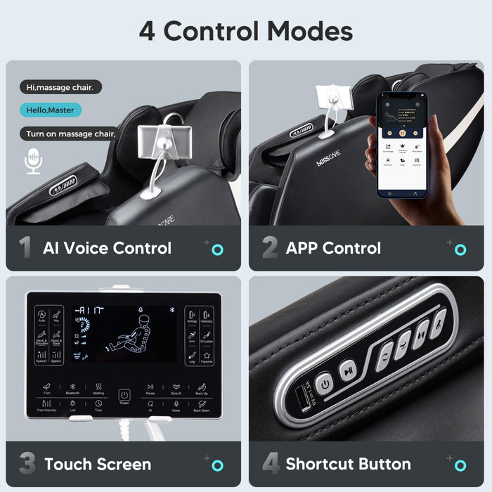 Control modes of a massage chair with AI voice control, app control, touch screen, and shortcut buttons.