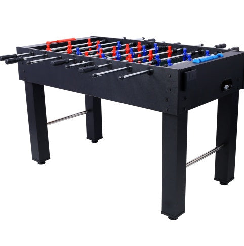 Foosball table with red, blue, and black players on a white background