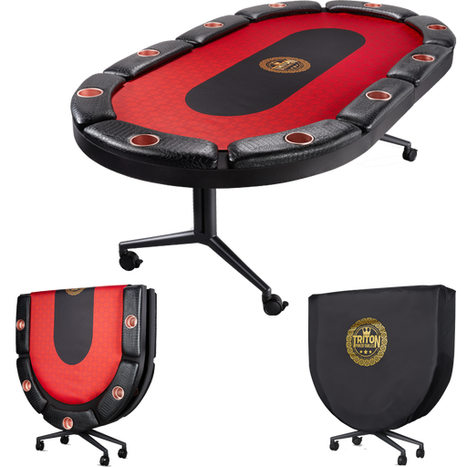 Black and red poker table with chair and carrying case on a white background