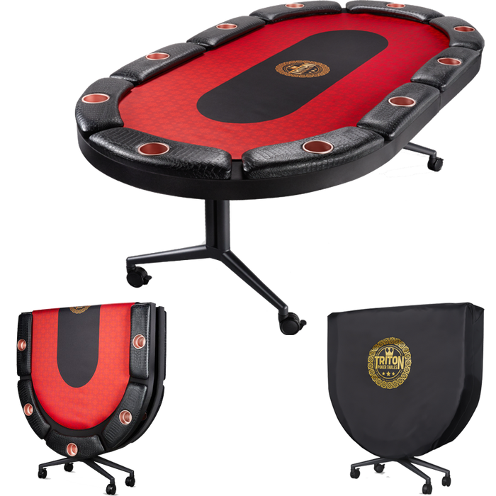 Black and red poker table with chair and carrying case on a white background