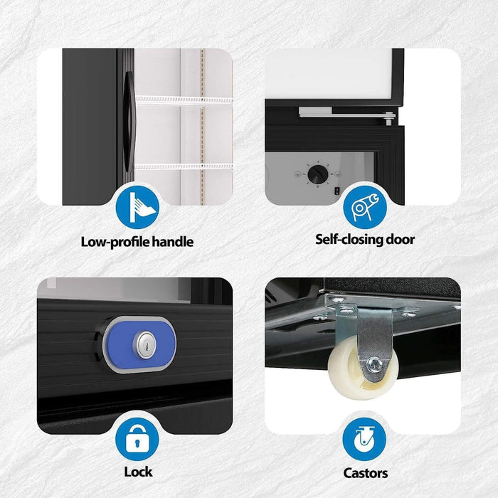 Features of a cabinet with low-profile handle, self-closing door, lock, and castors highlighted.