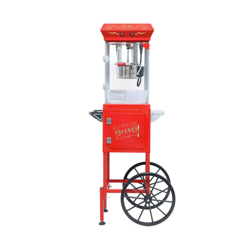 Red popcorn machine on wheels with a white background