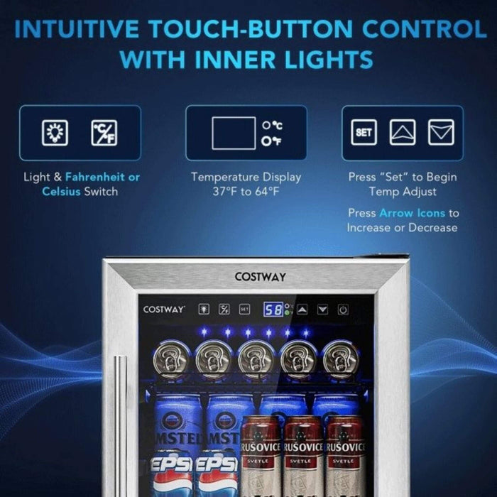 Costway beverage cooler with intuitive touch-button control and inner lights on a blue background